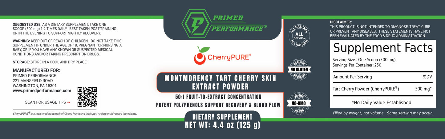 Primed Performance CherryPURE® Tart Cherry Powder, Skin-Derived Montmorency 4.41 Ounce