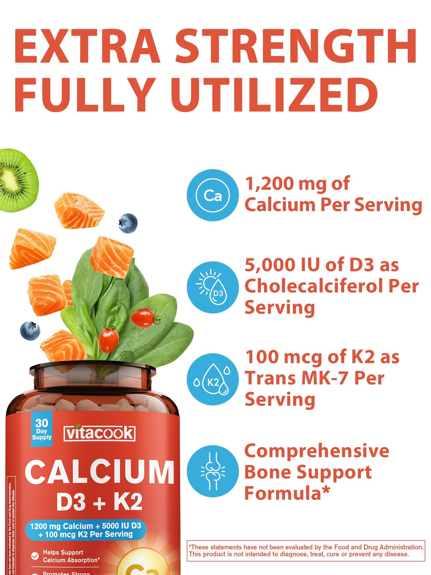 Vitacook Calcium Supplements for Women & Men, 1200 mg with Vitamin D3 K2, 5000 IU D3, 100 mcg MK-7, Non-GMO, 60 Tablets