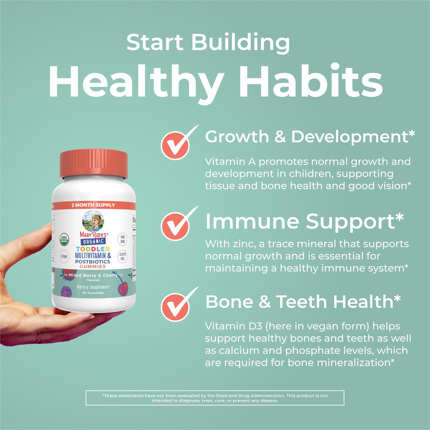 MARYRUTH'S Organics Toddler Multivitamin Gummies + Postbiotics, 60 Count