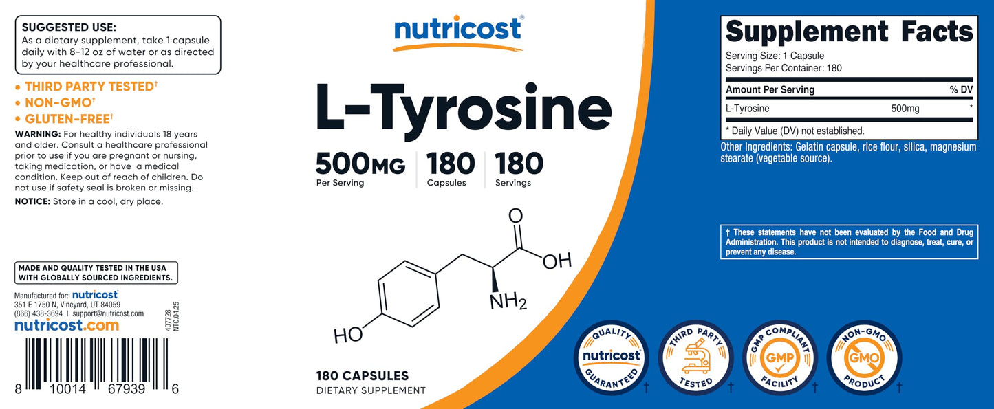 Nutricost L-Tyrosine 500mg Capsules, 3 Bottles