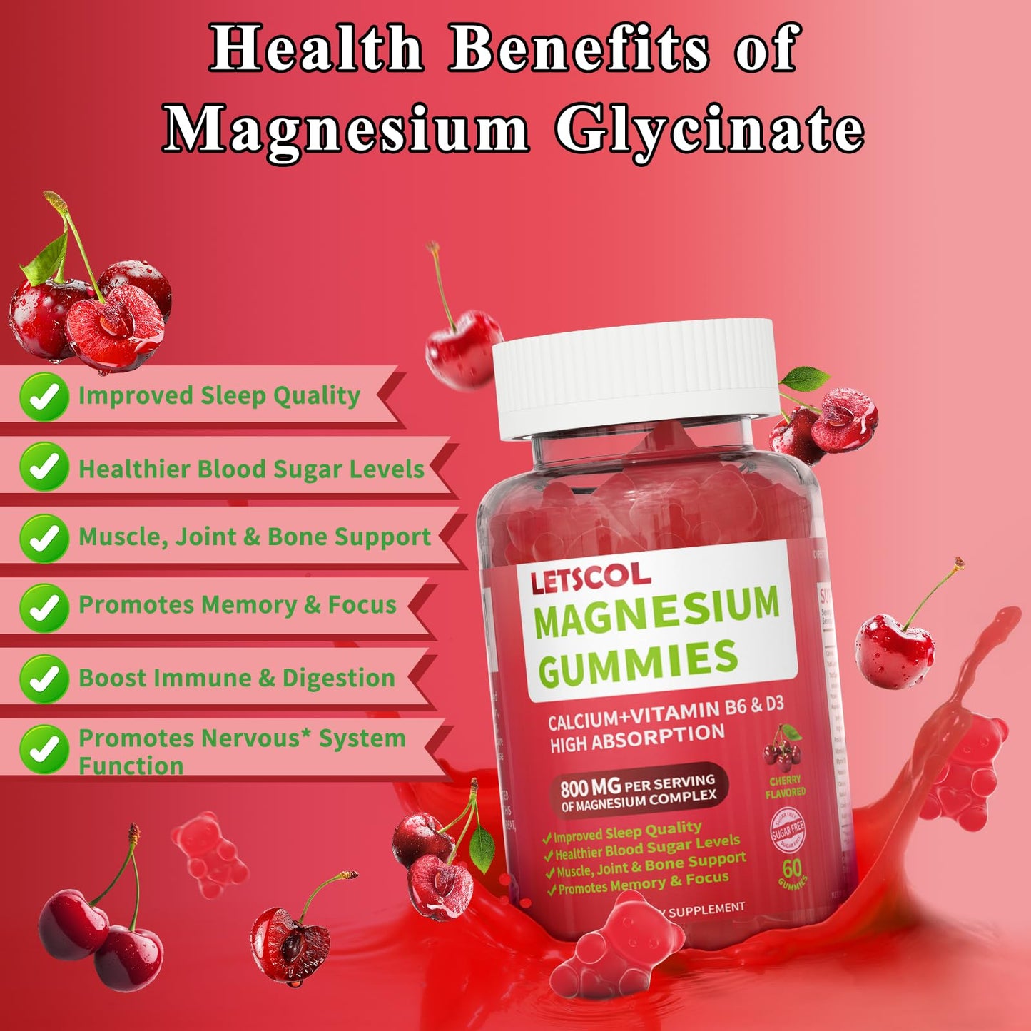 LETSCOL Magnesium Glycinate Gummies, 60 Count