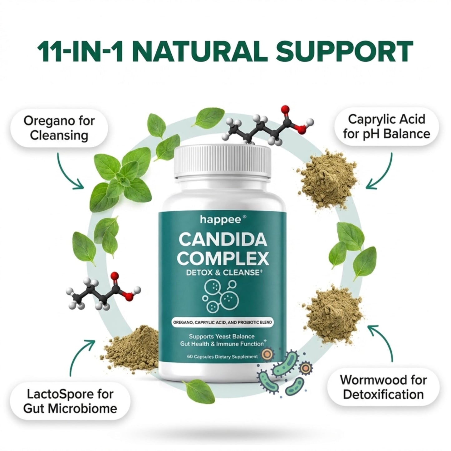 Happee Candida Complex Supplement Capsules, 60 Count