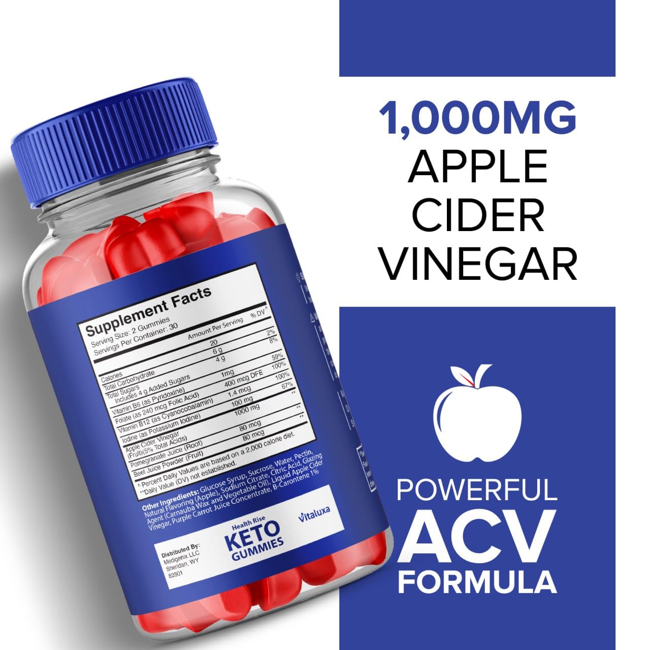 Vitaluxa Health Rise Keto ACV Gummies Gummy 120 Count