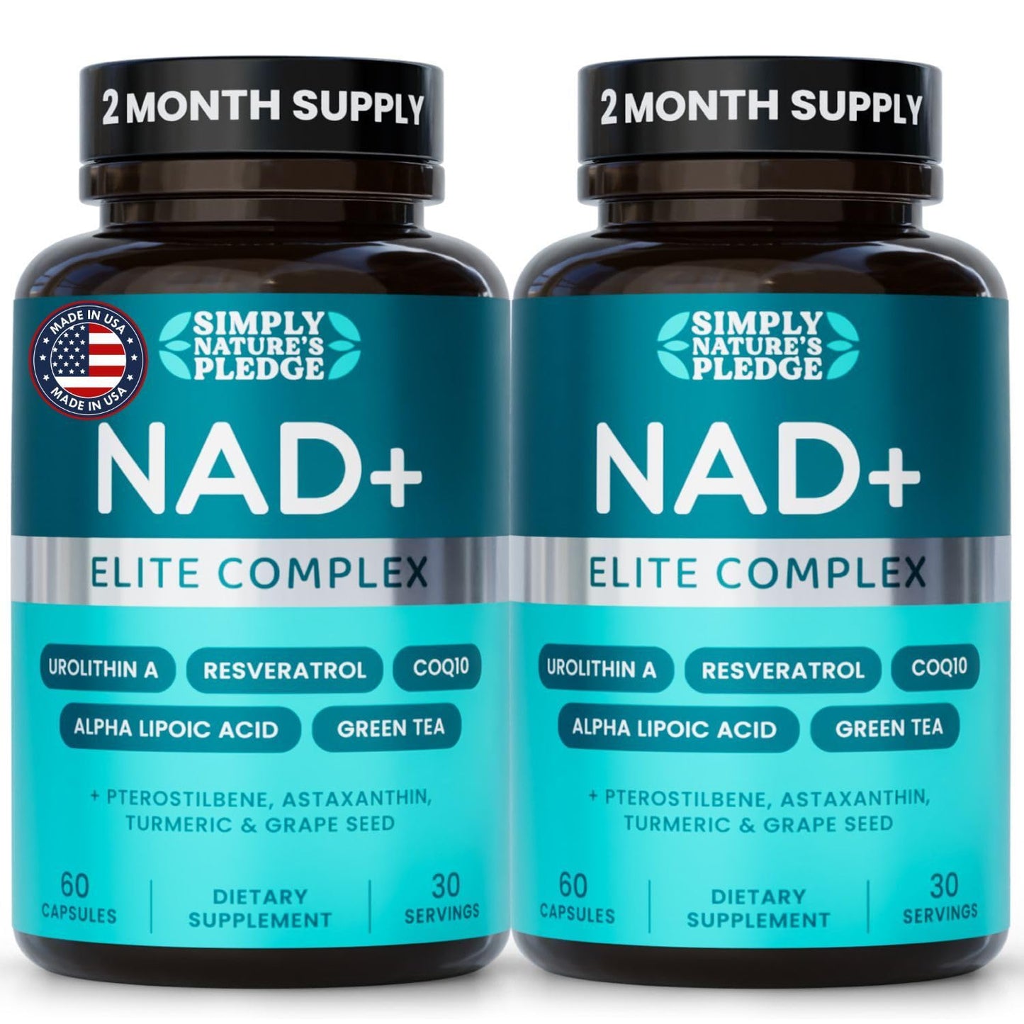 Simply Nature's Pledge NAD+ Elite Complex Direct NAD+ 300 mg with Urolithin A, Resveratrol, CoQ10 & Antioxidant Blend – Cellular Energy, Mitochondrial Support & Healthy Aging – Capsules, 120 Count