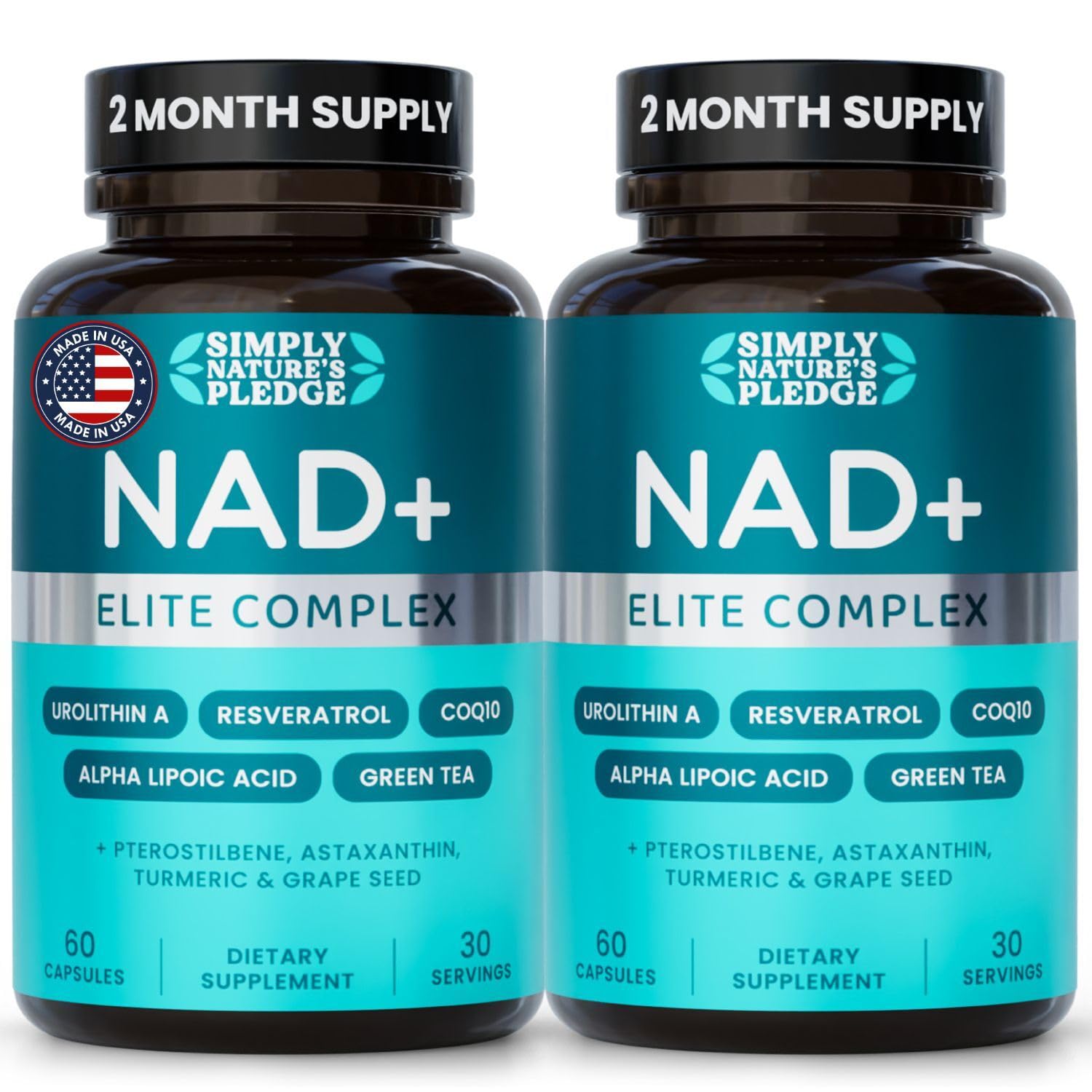 Simply Nature's Pledge NAD+ Elite Complex Direct NAD+ 300 mg with Urolithin A, Resveratrol, CoQ10 & Antioxidant Blend – Cellular Energy, Mitochondrial Support & Healthy Aging – Capsules, 120 Count
