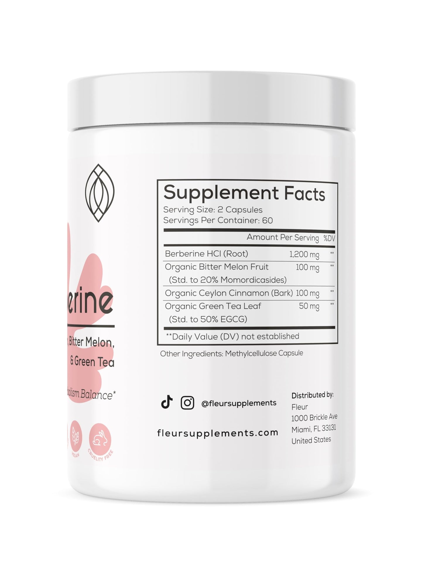 FLEUR Berberine HCL with Organic Cinnamon, Bitter Melon & Green Tea Extract Capsules, 120 Count