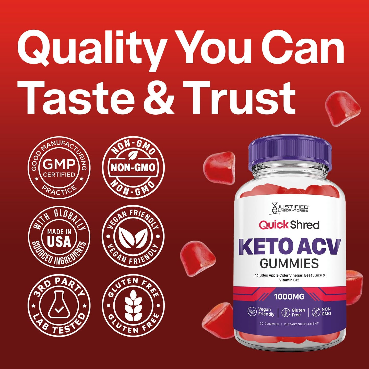 Justified Laboratories Quick Shred Keto ACV Gummies Advanced Formula 1000MG Apple Cider Vinegar Gummies with Pomegranate Beet Juice Powder & B12 Vegan, Non-GMO 60 Gummies