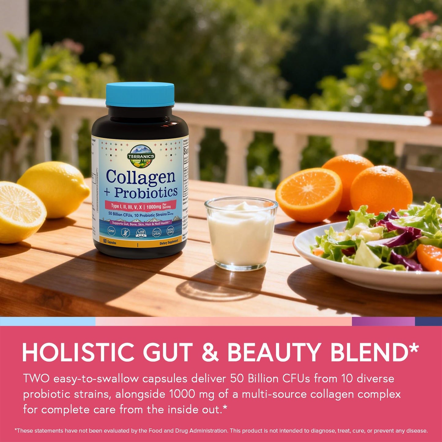 Terranics Multi Collagen Peptides Type I, II, III, V, X, 1000 mg Per Serving with Probiotics 50 Billion CFUs, 10 Strains, Supports Skin, Bone & Gut Health, Non-GMO, 60 Capsules