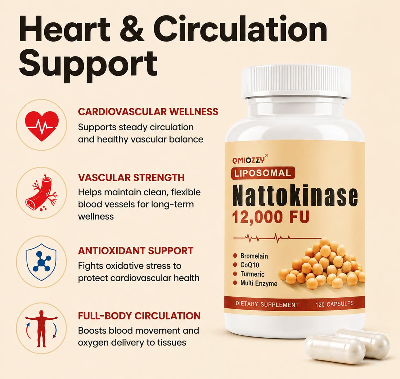 Qmiozzy Nattokinase Supplement 12,000 FU Liposomal Natto Kinase Capsule 116 Count