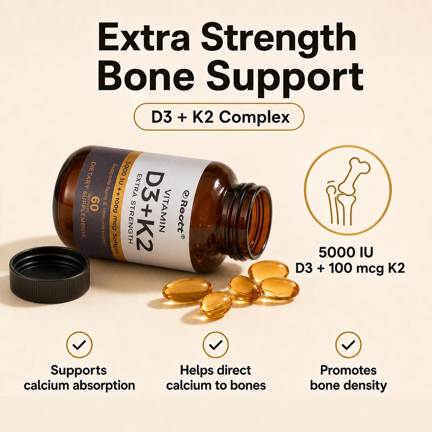 REOTT Vitamin D3 K2 Supplement, 60 Gummies