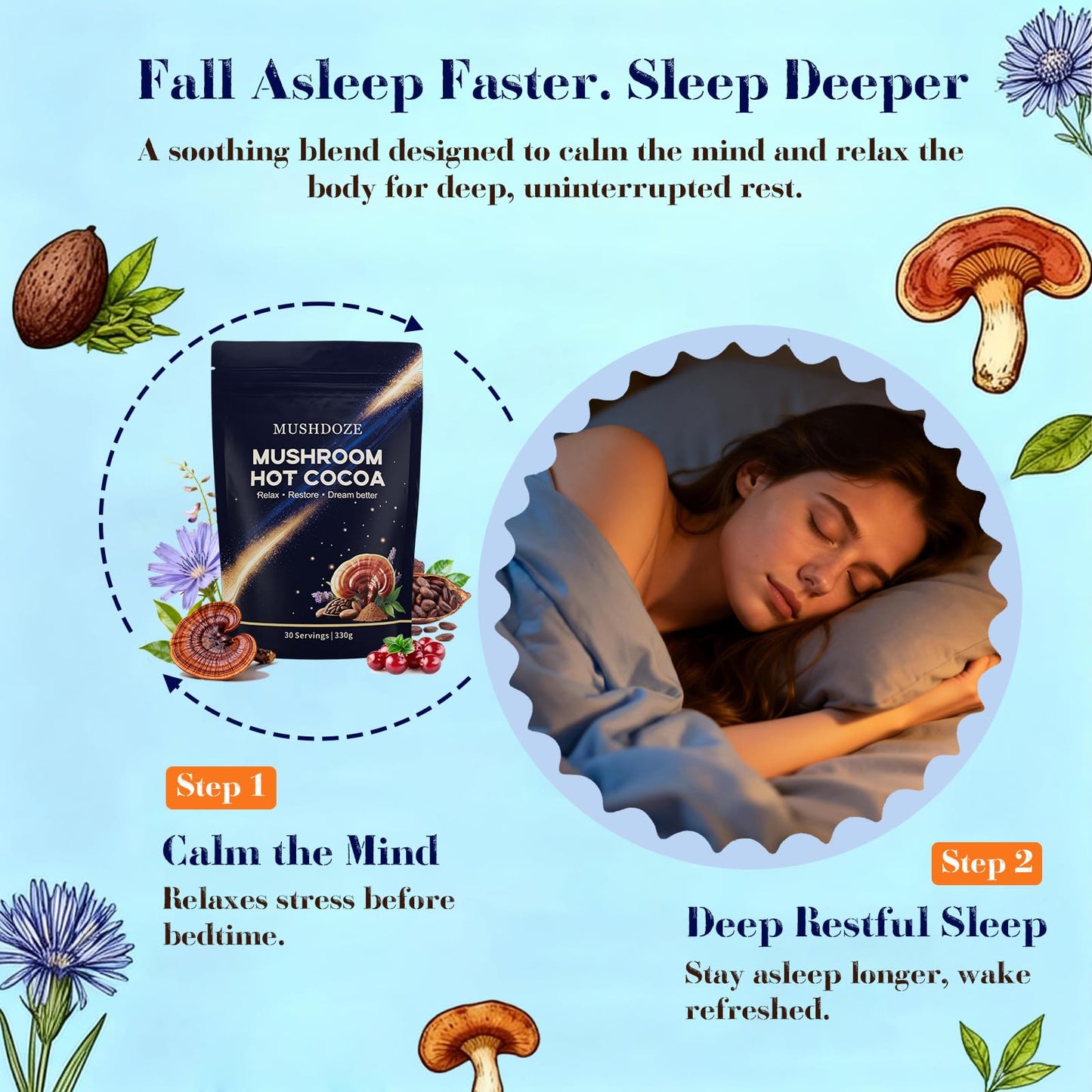 Mushdoze Mushroom Hot Cocoa Melatonin Sleep Support Powder, 11.6 oz