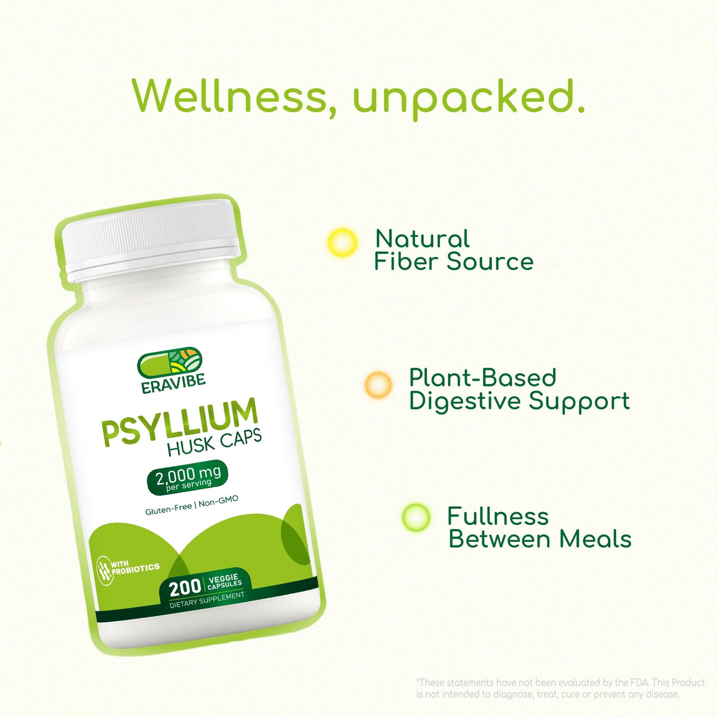 ERAVIBE Psyllium Husk with Probiotics 100 Million CFUs Fiber Supplement for Digestive and Gut Support Capsule 200 Count