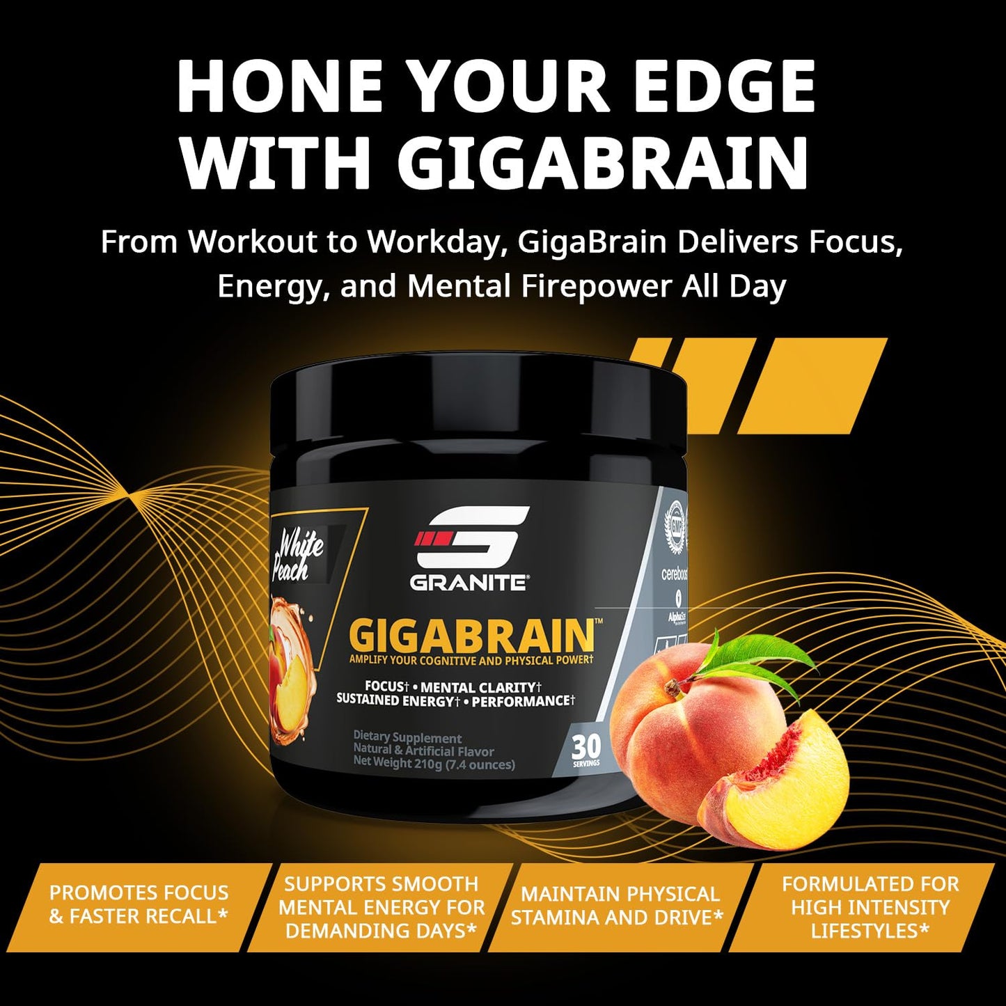 Granite Supplements GigaBrain Nootropic Energy Powder Cereboost, Alpha-GPC & ElevATP 7.2 Ounce