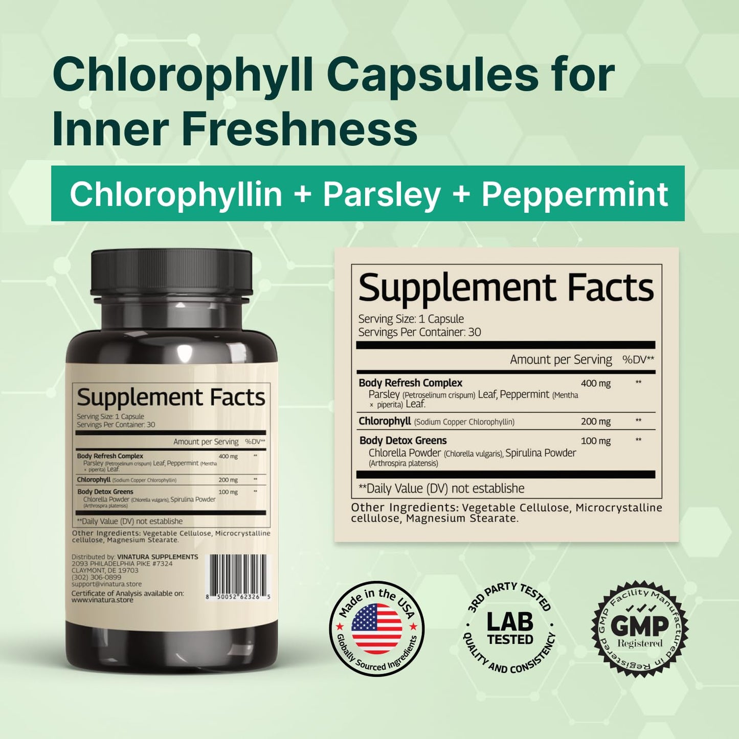 VINATURA Body Deodorizing Supplement for Women - Chlorophyll Pills for Body Odor Eliminator, Capsule, 30 Capsules