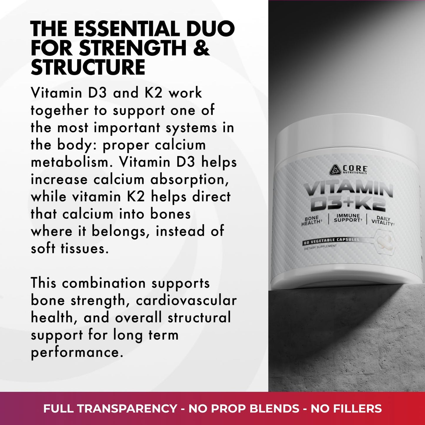Core Nutritionals Vitamin D3 + K2 for Calcium Support 60 Capsules
