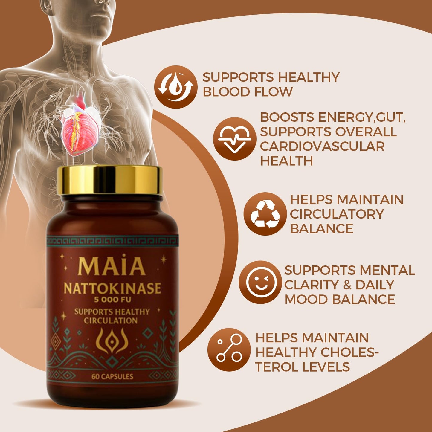 MAÏA Nattokinase Supplement with 5000 FU of Nattokinase Capsules, 60 Count