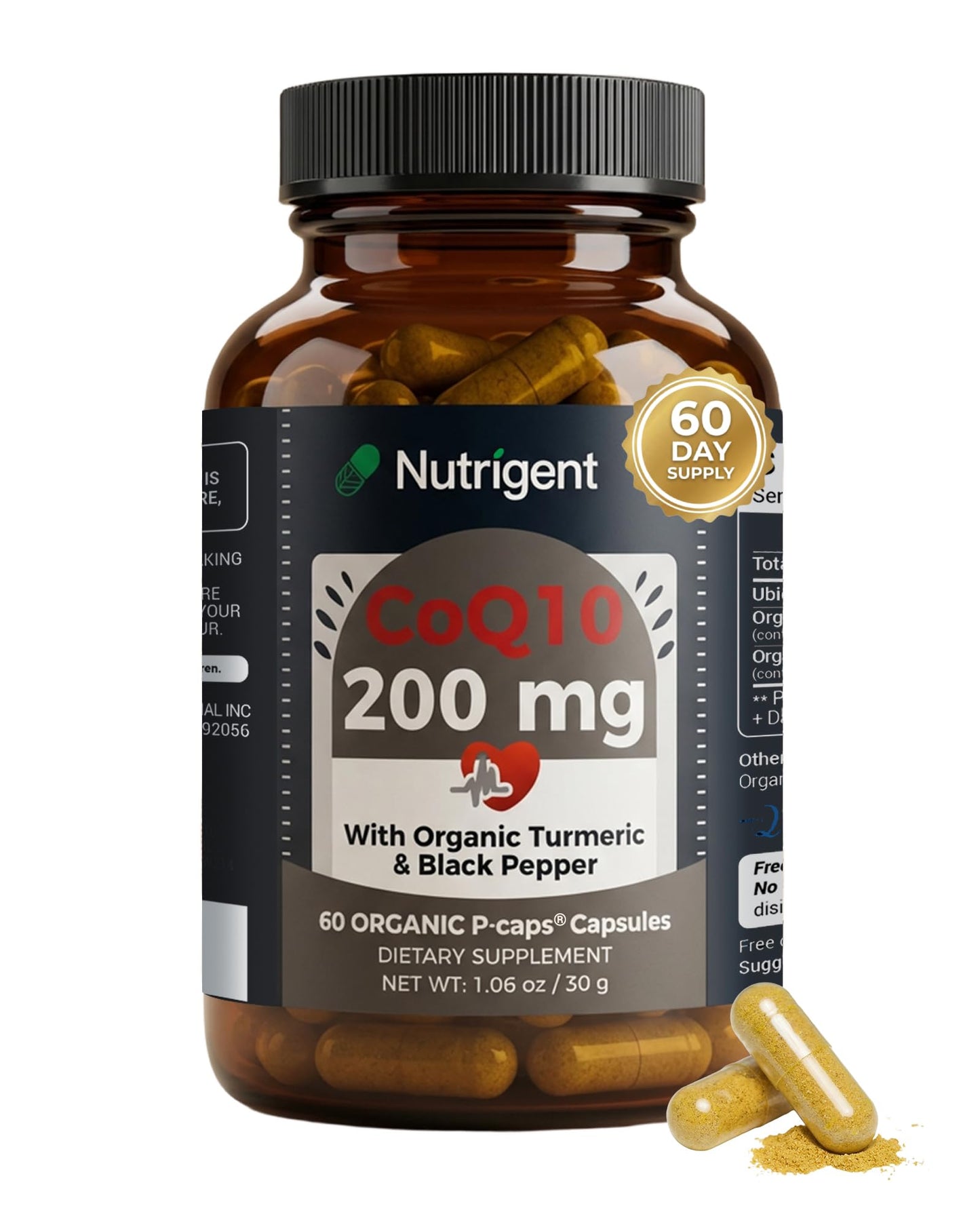 Nutrigent CoQ10 200mg Capsules with Organic Turmeric & Black Pepper – Antioxidant Support, Heart & Brain Health, Cellular Energy Production – Clean Label Formula, 60 Capsules