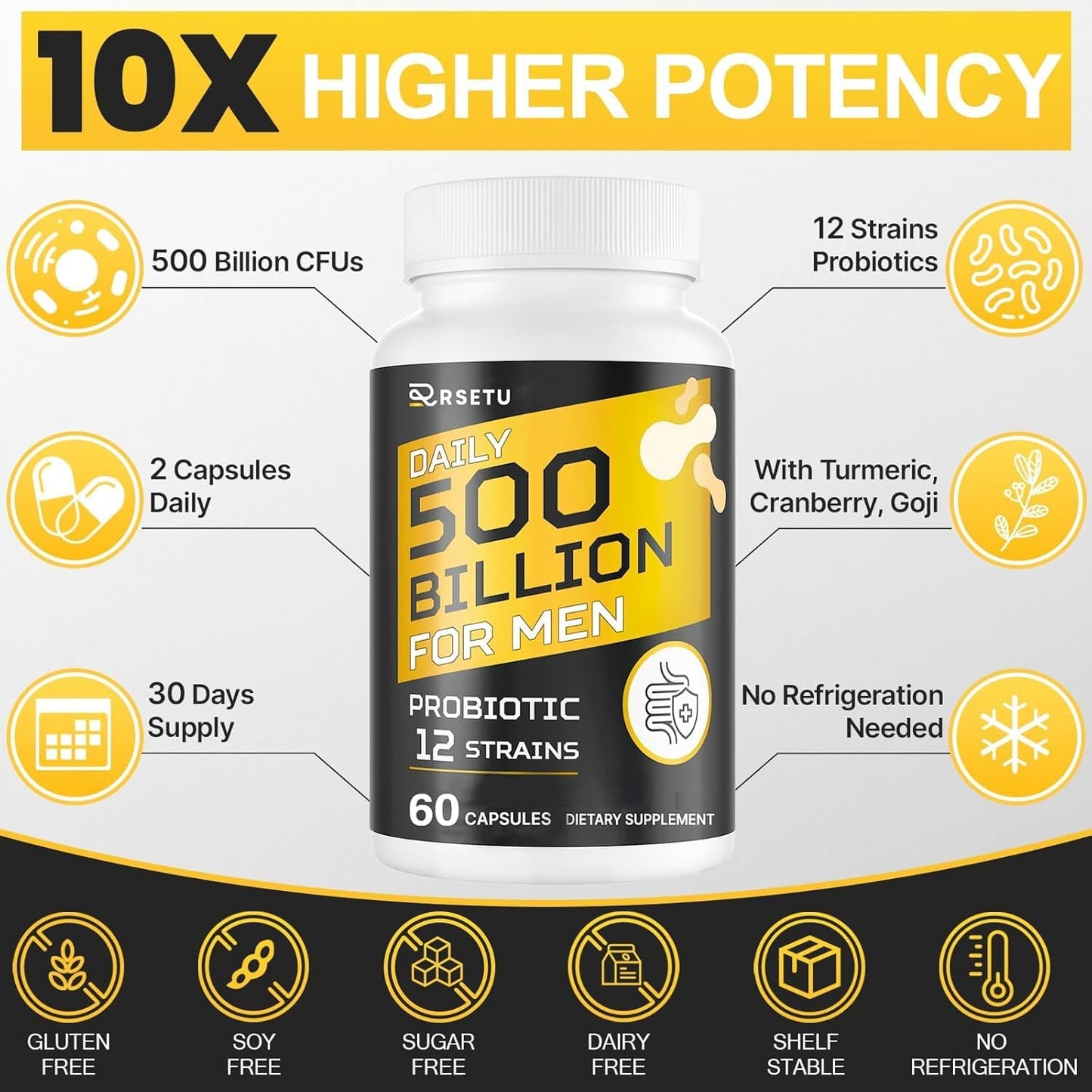 RSETU Probiotics for Men, 500 Billion CFUs & 12 Strains, Mens Probiotic Capsule, 120 Capsules