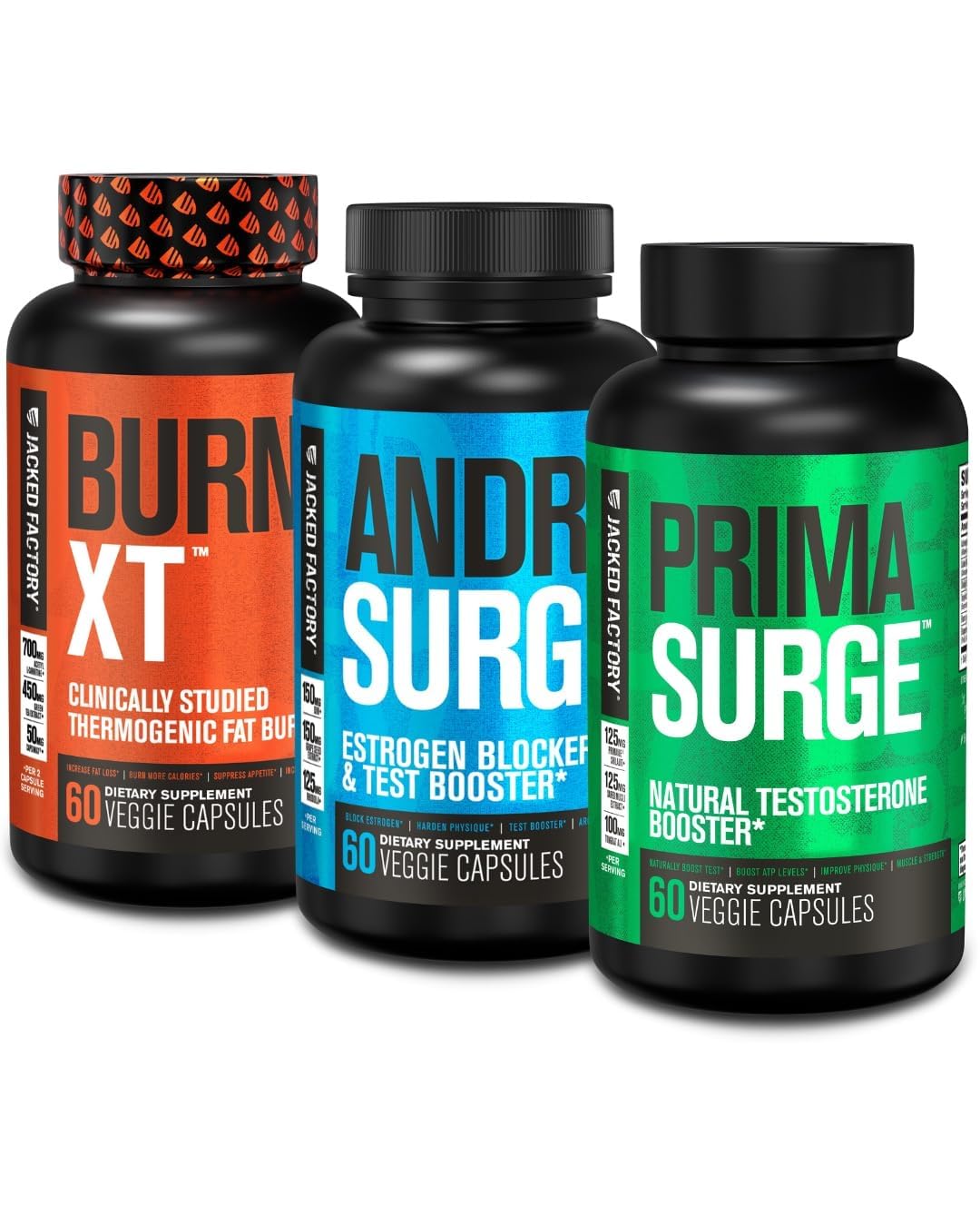 Jacked Factory Androsurge Estrogen Blocker + Primasurge Testosterone Booster + Burn-XT Thermogenic Fat Burner Capsules, 120 Count