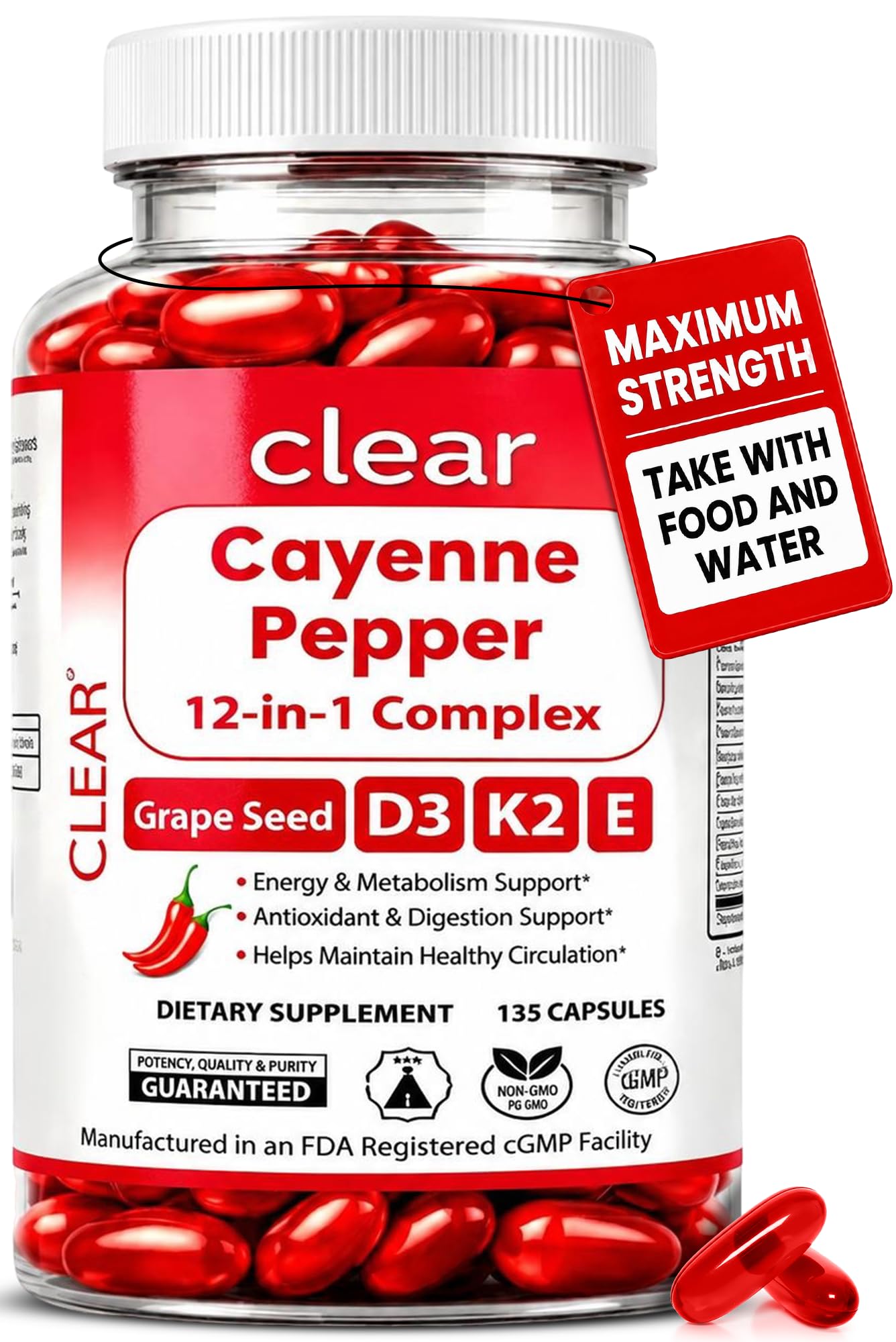 Clear Probiotics Cayenne Pepper Softgels 300mg Capsaicin D3 K2 E Blood Flow Support, 135 Count