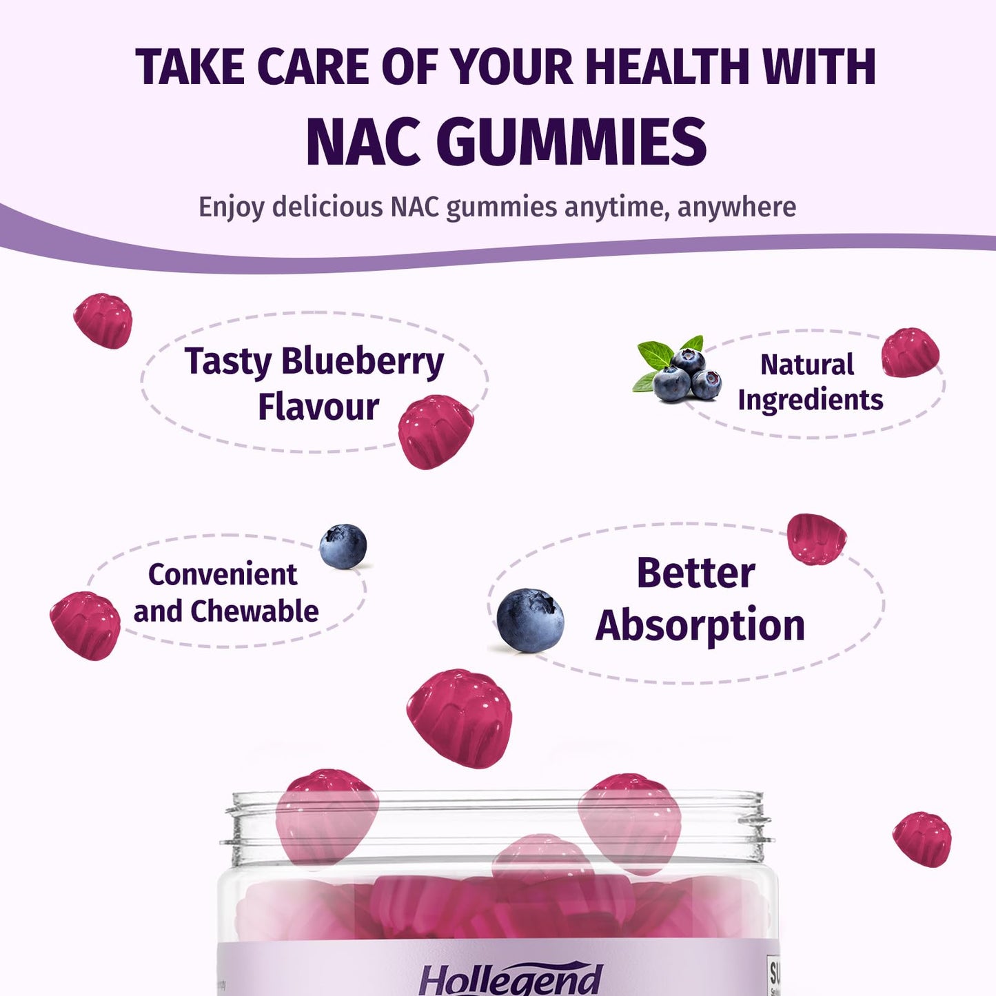 HOLLEGEND 6 in 1 NAC Gummy 1000mg, 60 Count