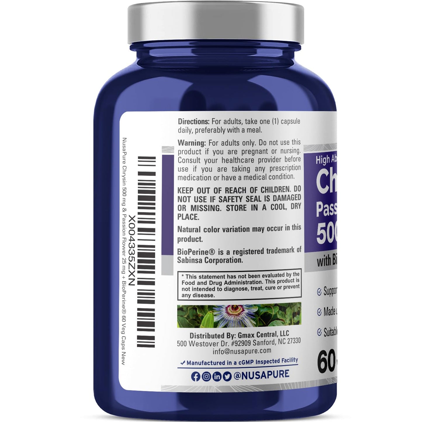 NusaPure Chrysin 500mg Passion Flower Complex Capsules, 120 Veggie Capsules