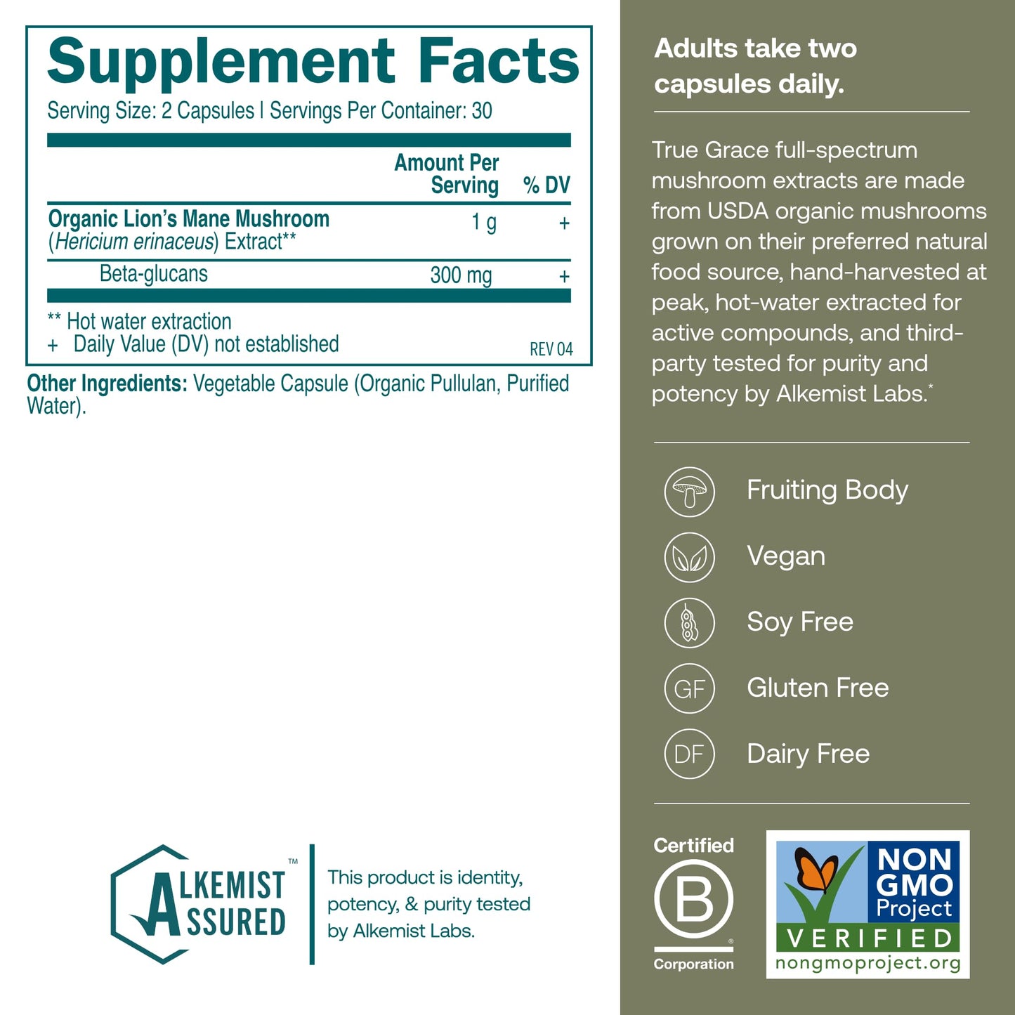 True Grace Mushroom Lion's Mane Brain, Nerve & Cognitive Support Capsules 60