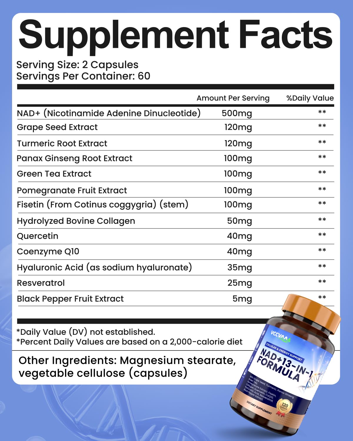 Vccvaa NAD Supplement with Resveratrol, Nicotinamide, Riboside, Quercetin & CoQ10 – Anti-Aging Support for Energy, Focus, Immune & Cellular Health Capsules, 120
