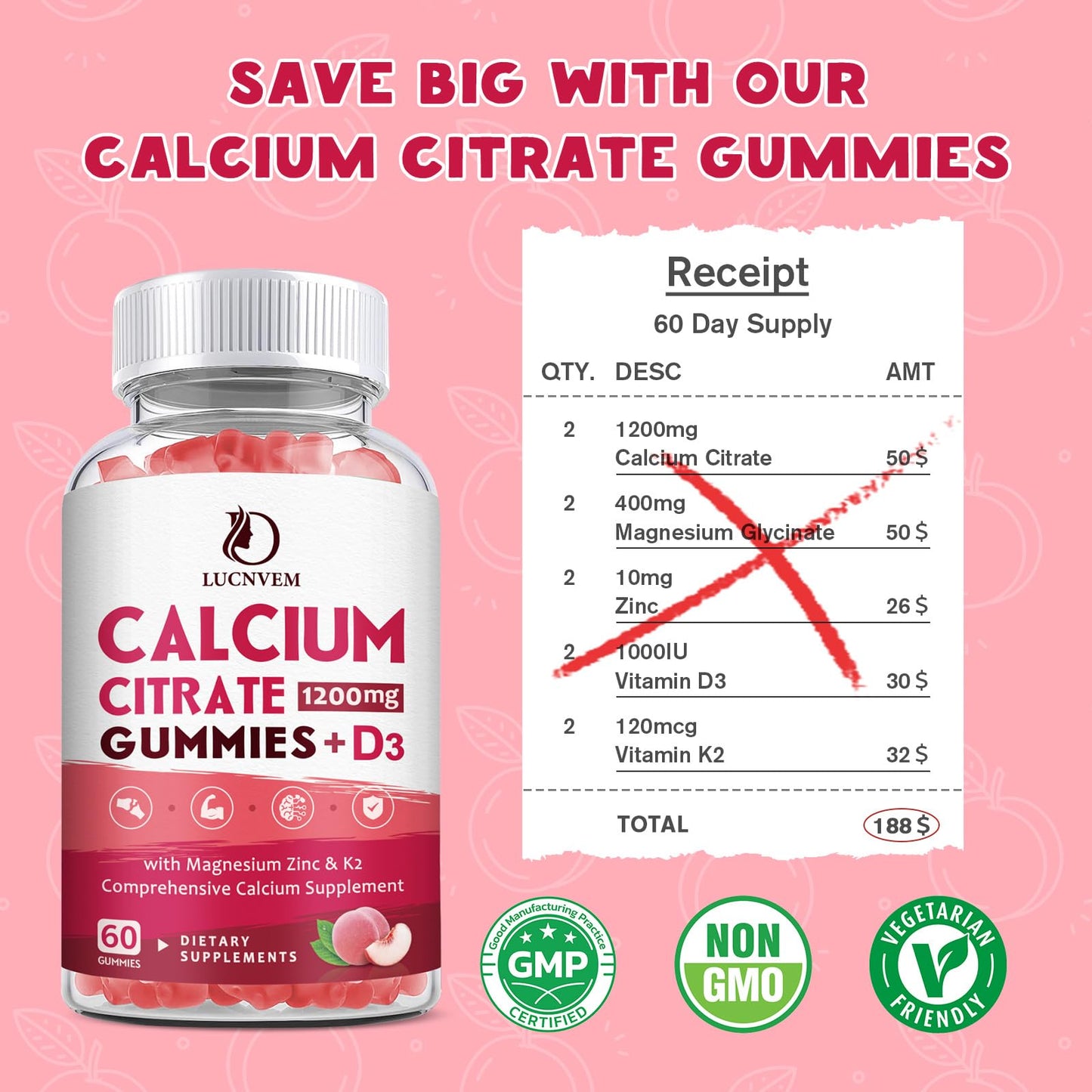 LUCNVEM Calcium Citrate 1200mg with Vitamin D3 K2 Gummies, 120 Count