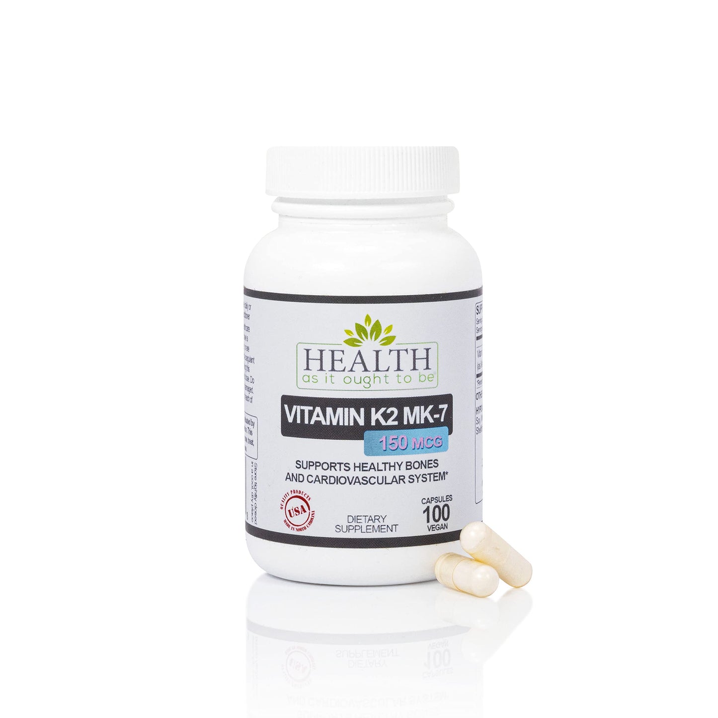 Health As It Ought To Be Vitamin K2 MK-7 150 mcg Supplement – Supports Bone and Cardiovascular Health – Soy-Free, Works with Vitamin D3 Capsule, 100 Count