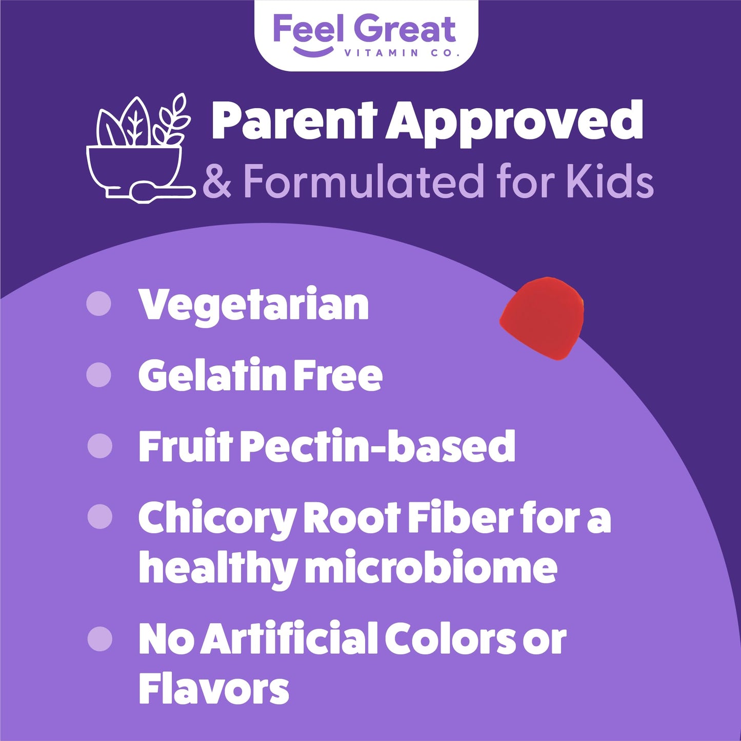 The Feel Great Vitamin Company Fiber Gummies for Kids Digestive Support and Constipation Relief, Fruity Flavored Chewable, Vegetarian Supplements, 60 Count