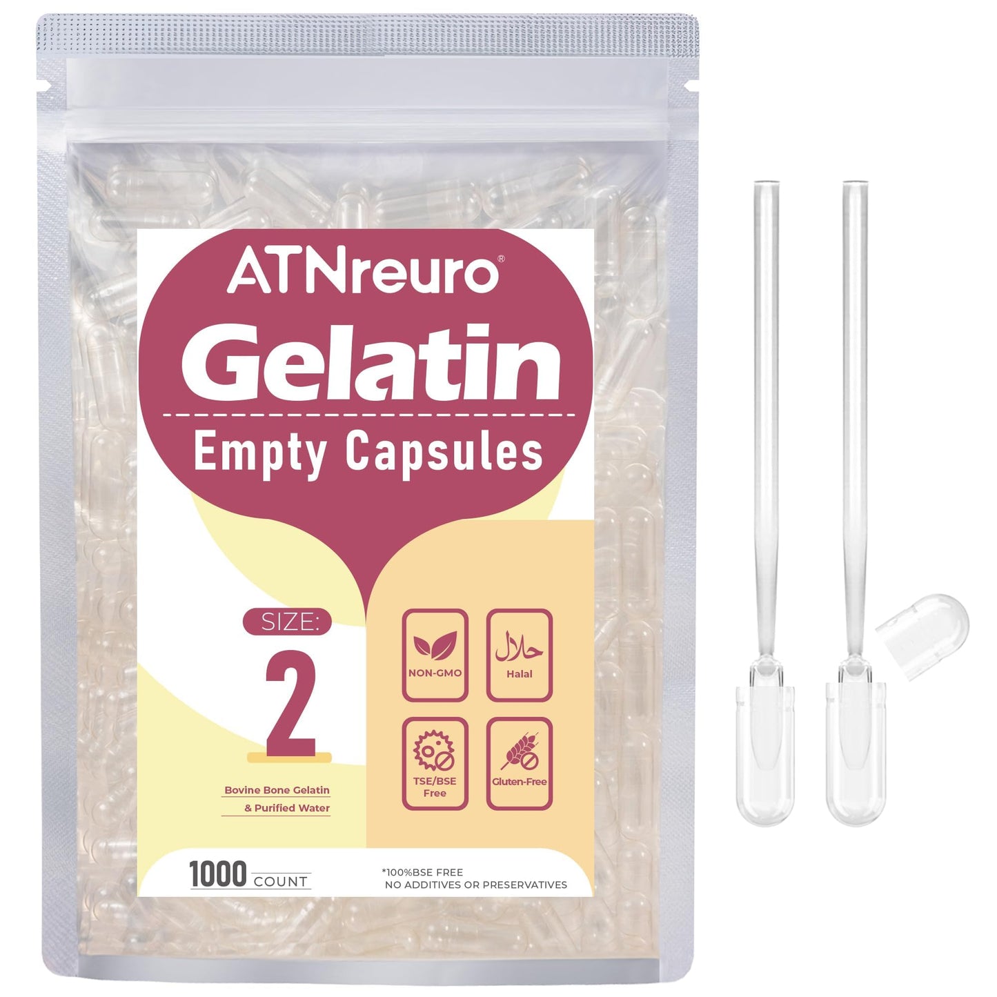 ATNreuro Size 2 Empty Gelatin Capsules 1000 Count Capsule
