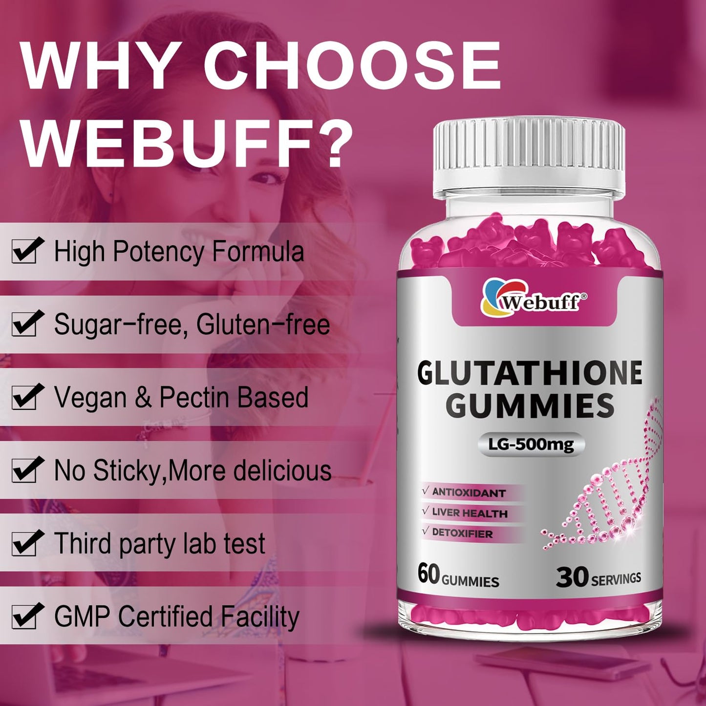 Webuff Glutathione Gummies with Collagen 500mg Vitamin C & B6 Skin Glow Hair & Nail Support Anti-Aging Antioxidant Sugar-Free Non-GMO Strawberry Flavor, 60 Gummies