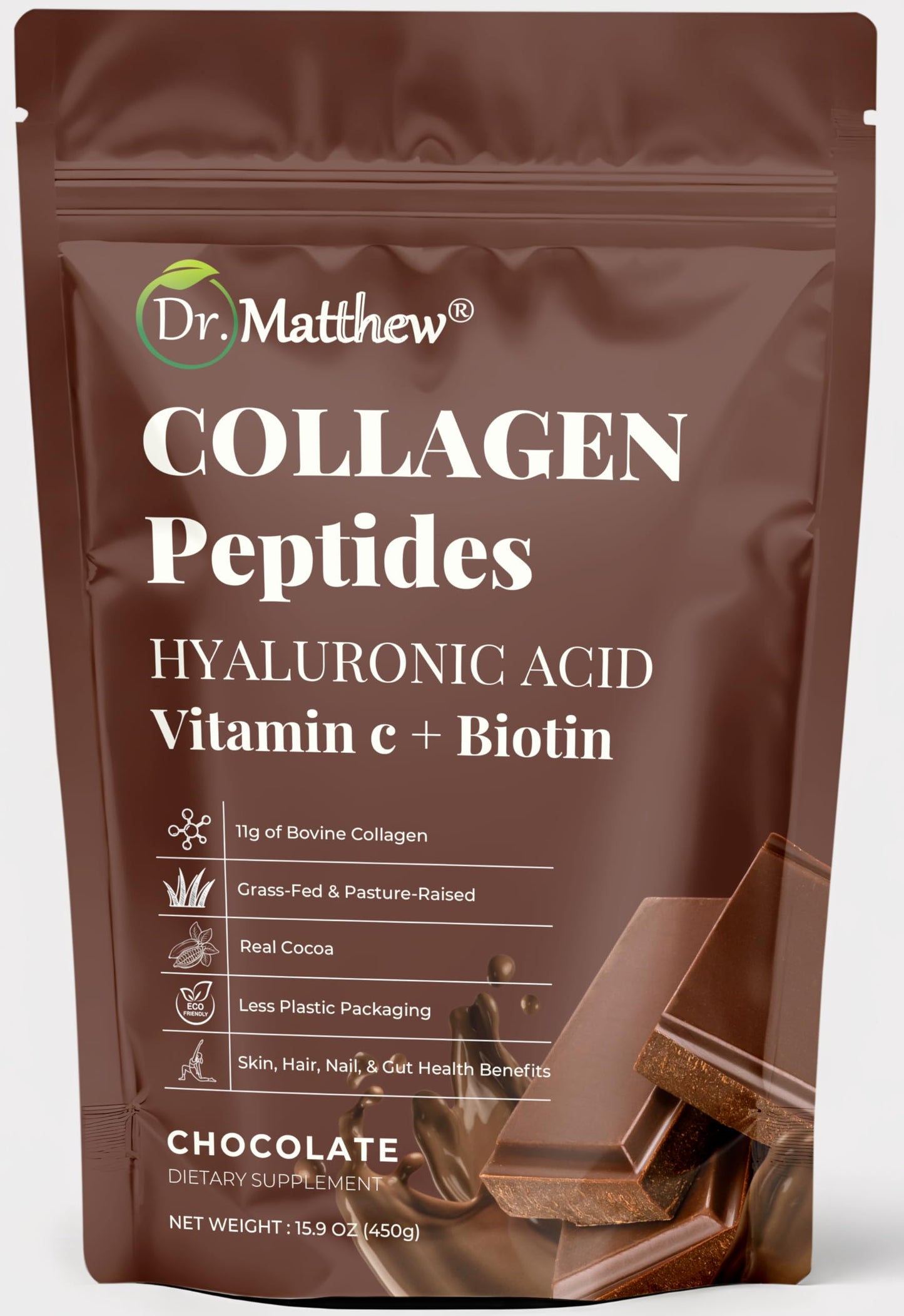 Dr. Matthew Chocolate Collagen Powder with Hyaluronic Acid, Vitamin C & Biotin, 15.9 oz