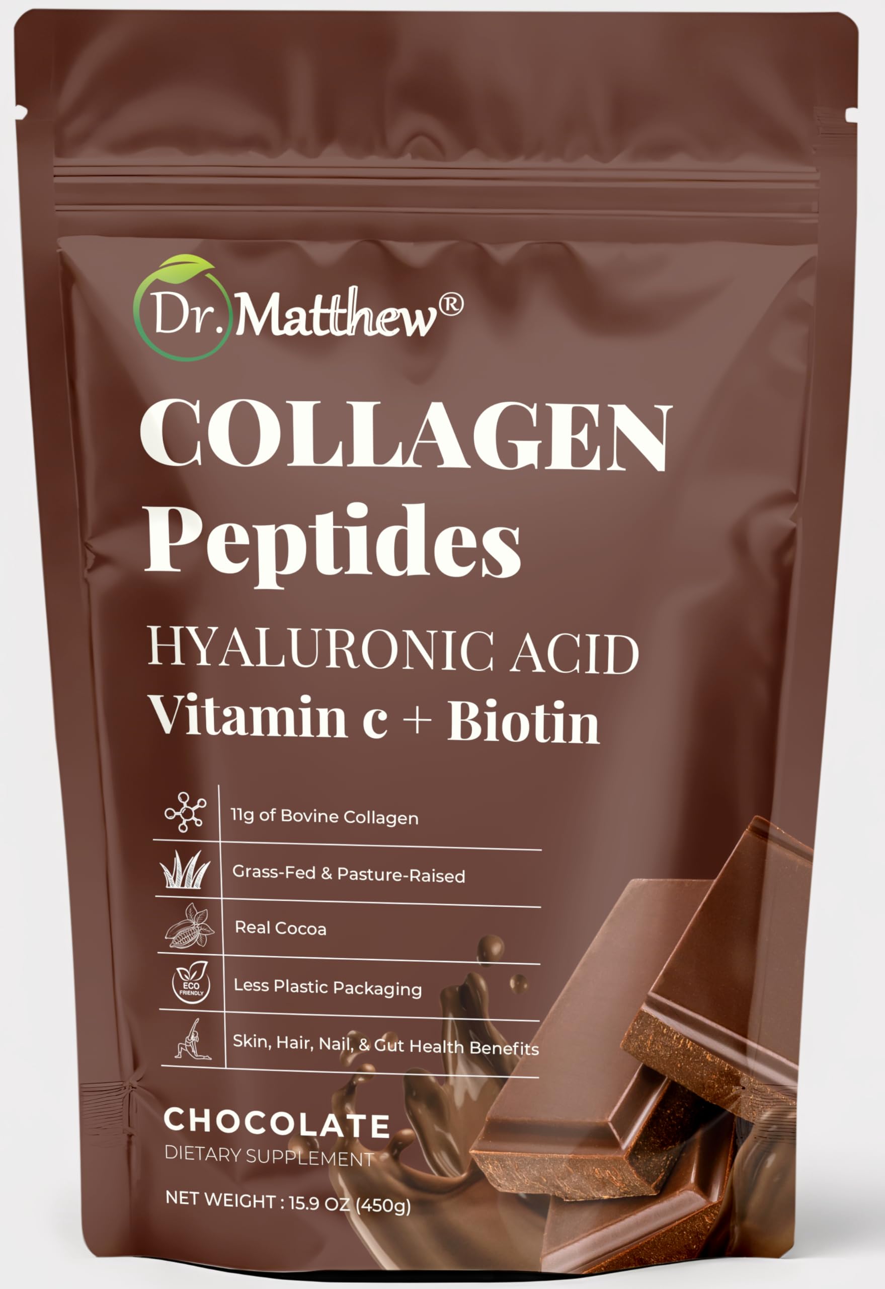 Dr. Matthew Chocolate Collagen Powder with Hyaluronic Acid, Vitamin C & Biotin, 15.9 oz