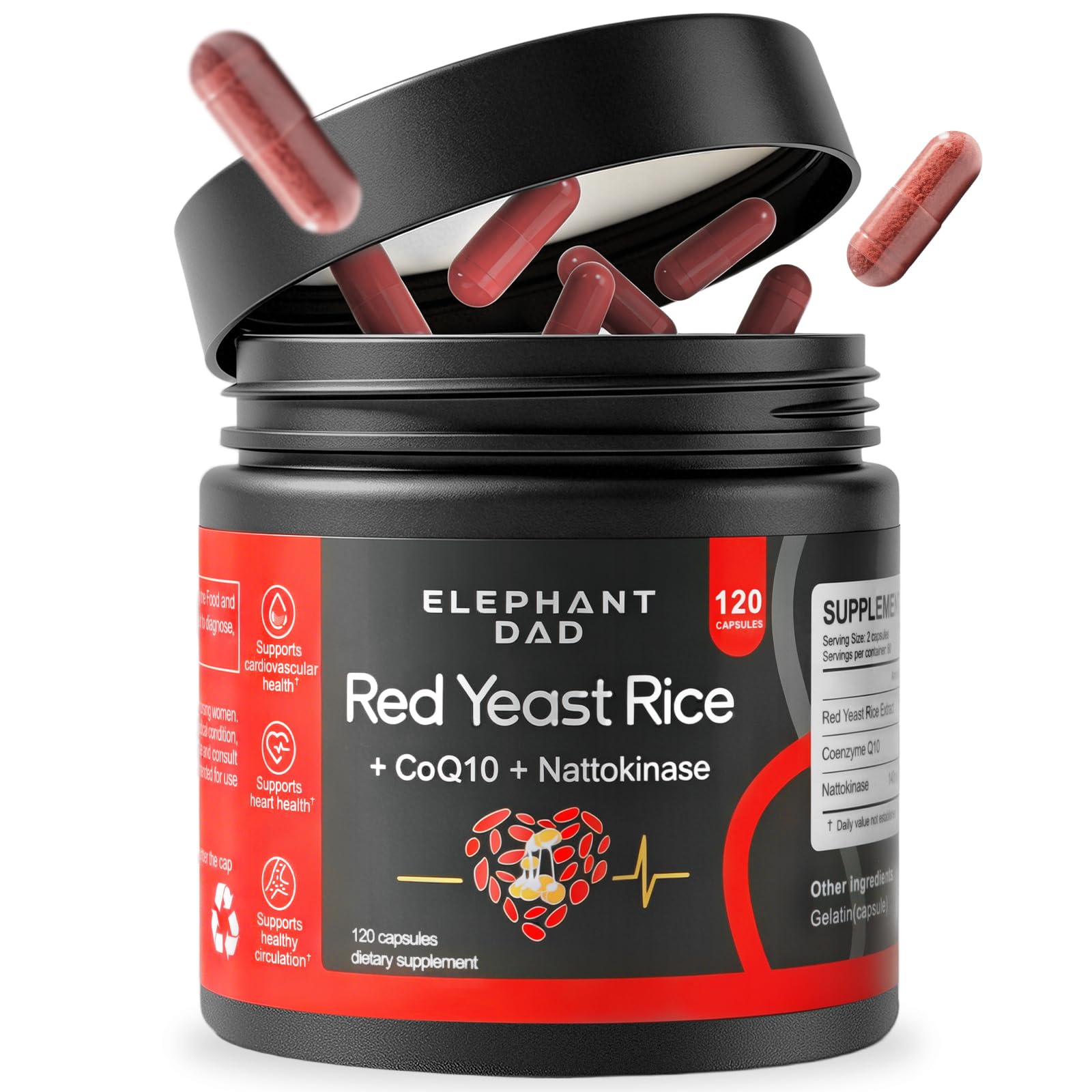 Elephant dad Red Yeast Rice 1200mg with Nattokinase & CoQ10, 120 Capsules