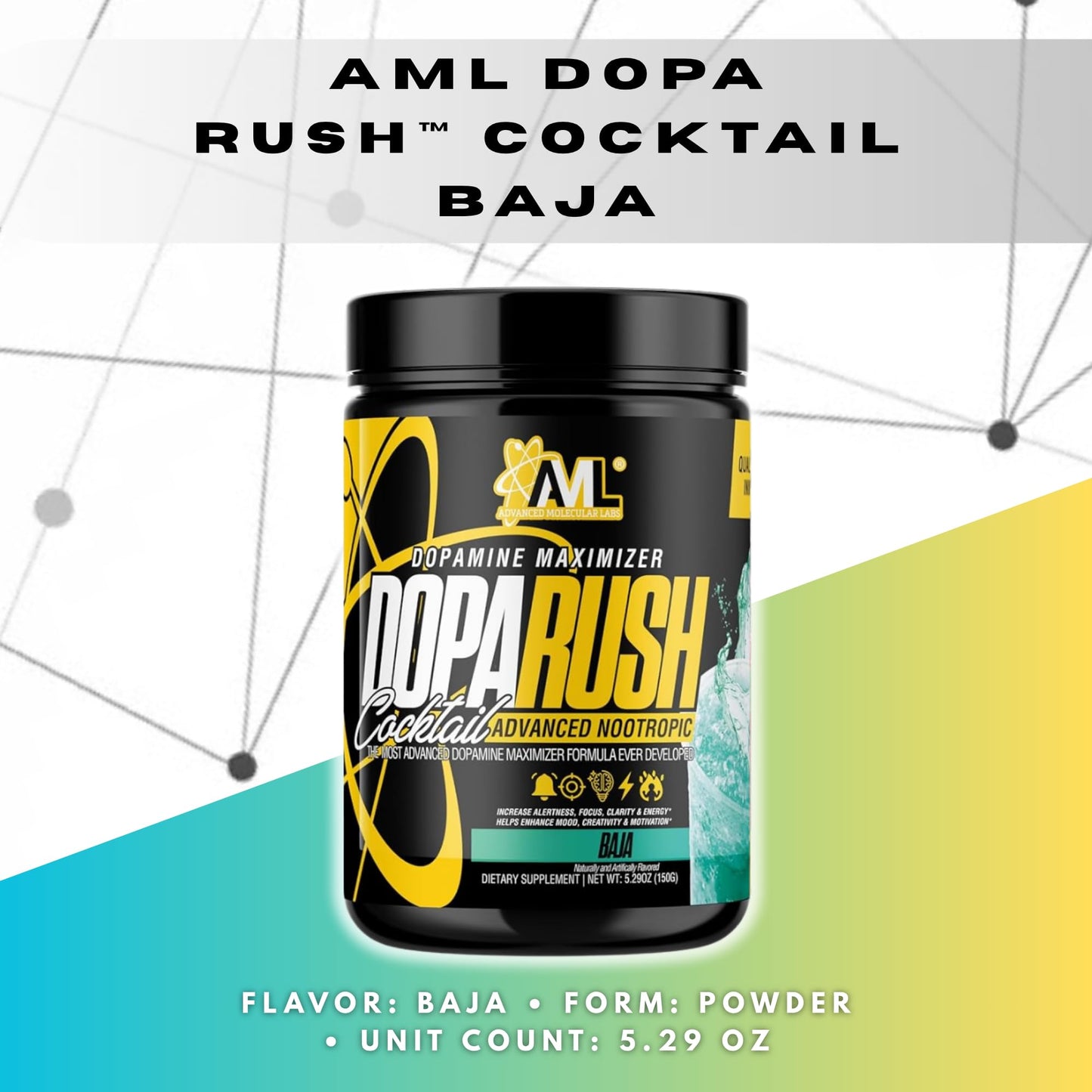 AML Advanced Molecular Labs Dopa Rush Powder, Dopamine Maximizer, Focus, Energy & Clarity Supplement Baja, 5.29 oz