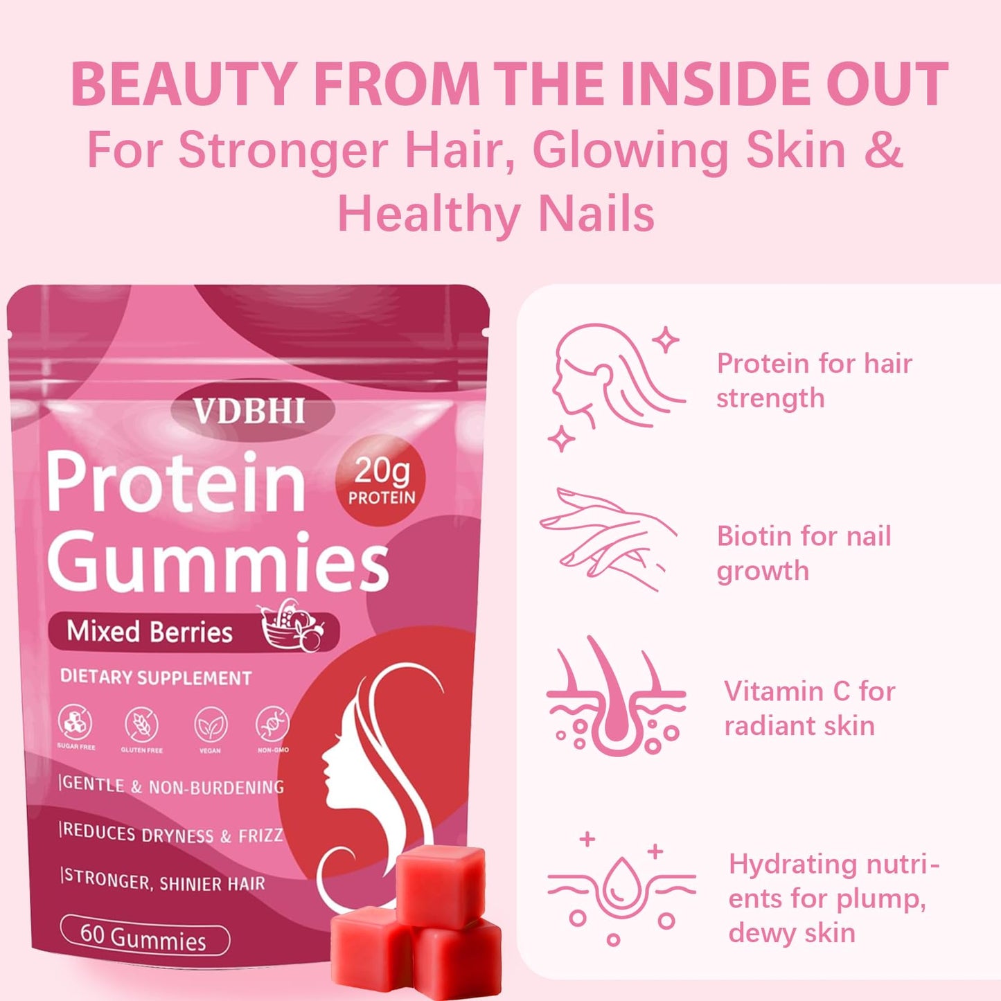 VDBHI Protein Gummies for Women & Men, Mixed Berries, 60 Gummies