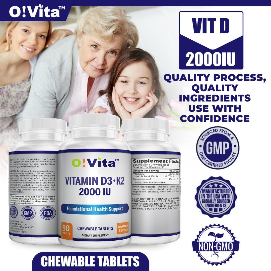 O!VITA Vitamin D3 + K2 2000IU Chewable, 90 Tablets