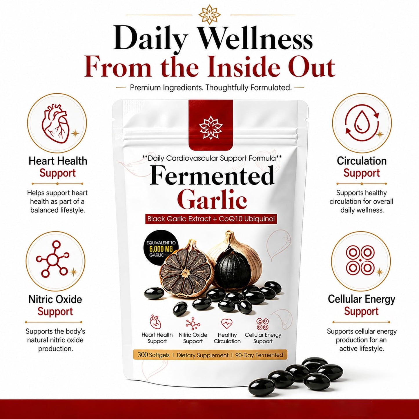 BnPnCn Fermented Black Garlic Extract + CoQ10 Ubiquinol - 6000mg Odorless Softgels, 300 Softgels