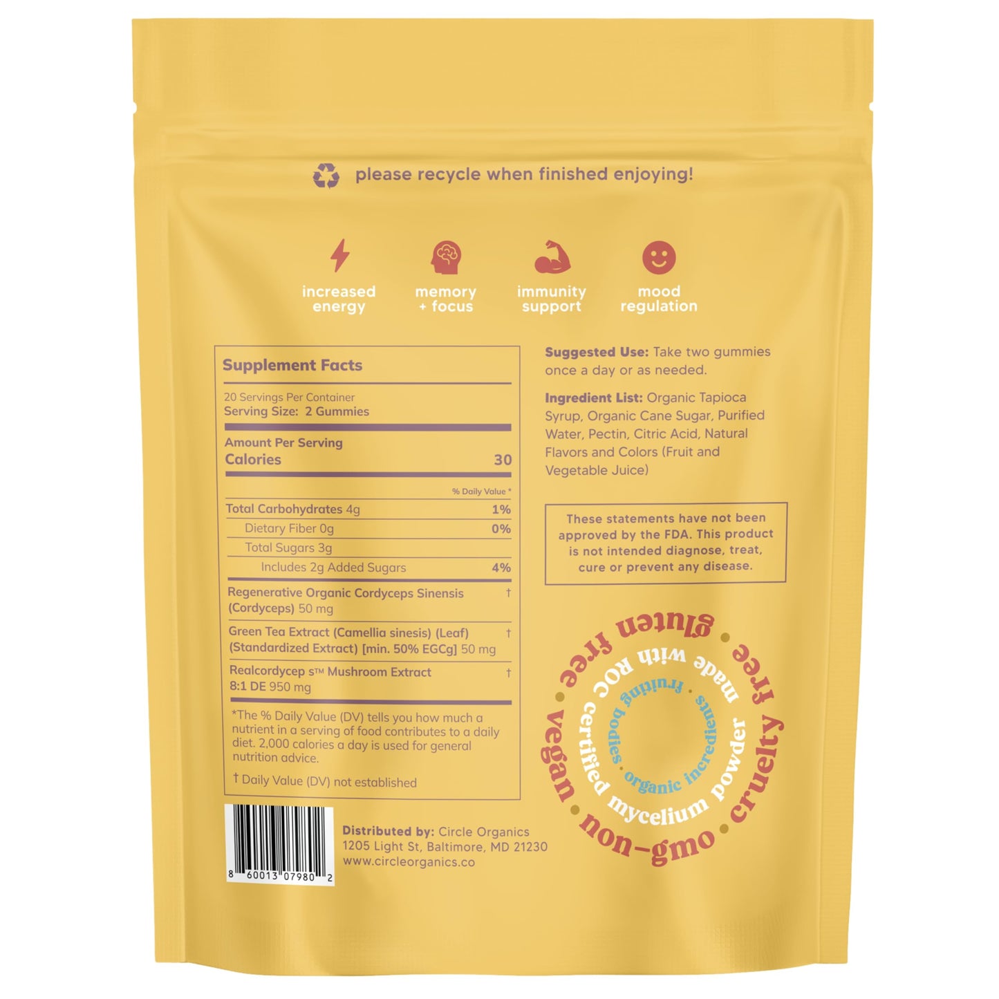 Circle Organics Energy Mushroom Gummies 40 ct