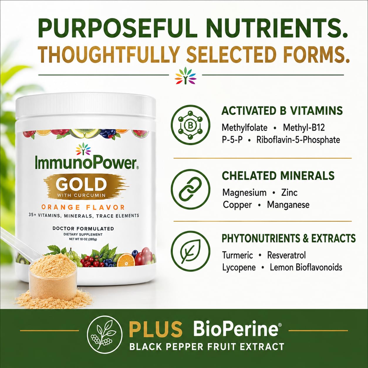 ImmunoPower Gold High-Absorption Turmeric Root Extract & BioPerine Immune Booster Doctor Formulated with 33 Nutrients Orange Flavor Powder 10