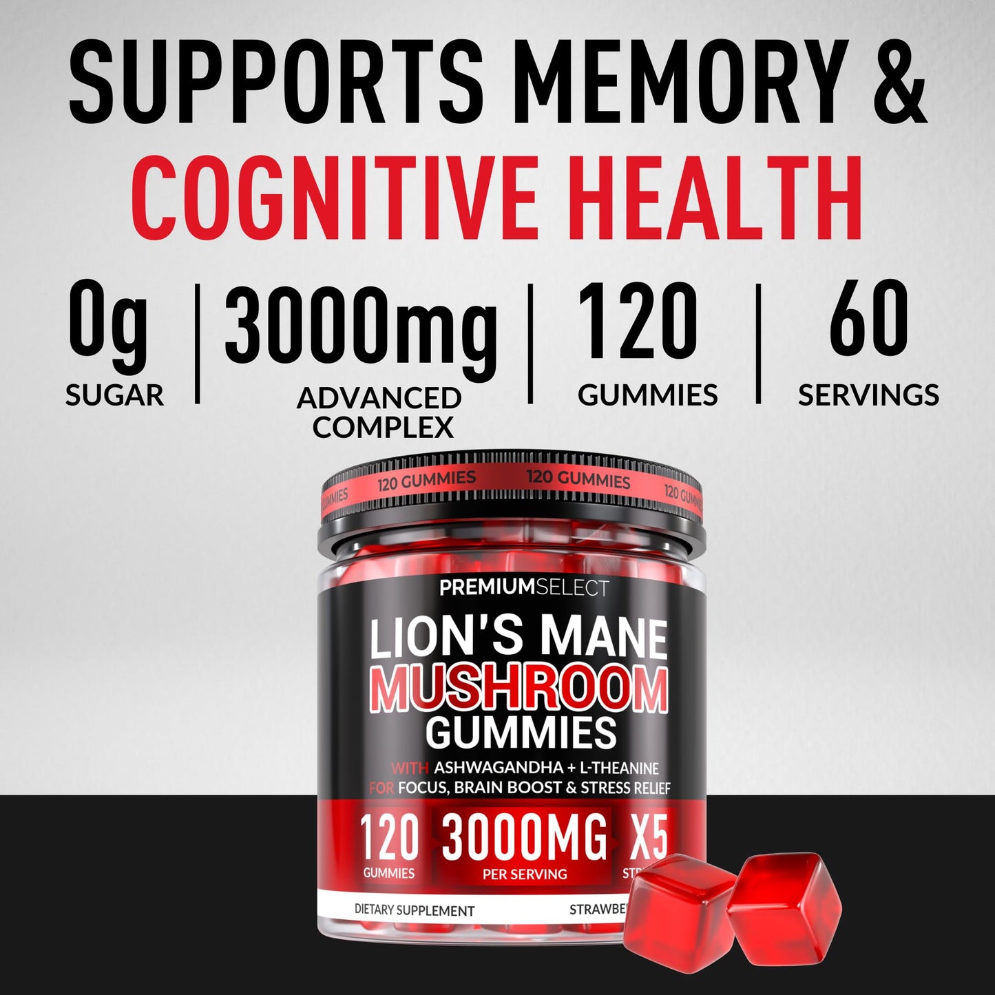 Premium Select Nutrition Lions Mane Gummies 120 Count