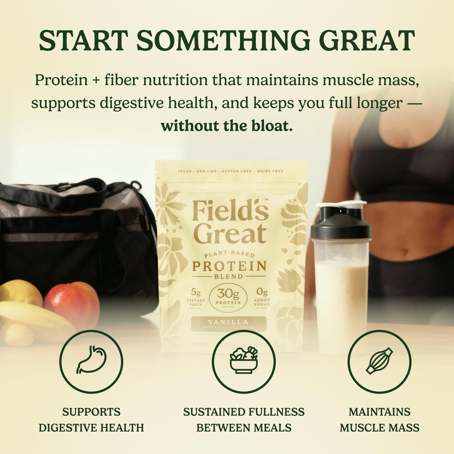 Field's Great Plant-Based Protein Powder with Fiber for Muscle Maintenance, Vanilla, 4-Pack