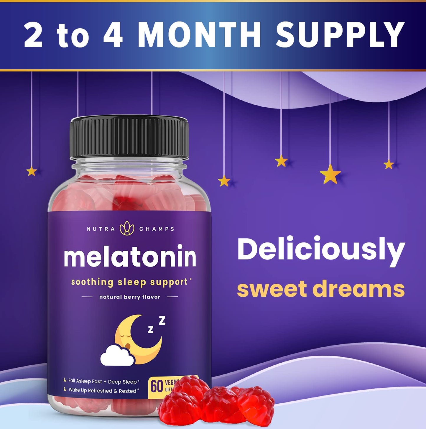 NutraChamps Melatonin Gummies for Kids & Adults, 2.5mg, 5mg or 10mg Dose, Gummy, 120 Count