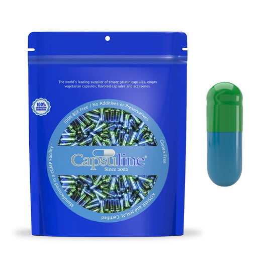 Capsuline Colored Size 3 Empty Gelatin Capsules Green/Blue, 1000 Count
