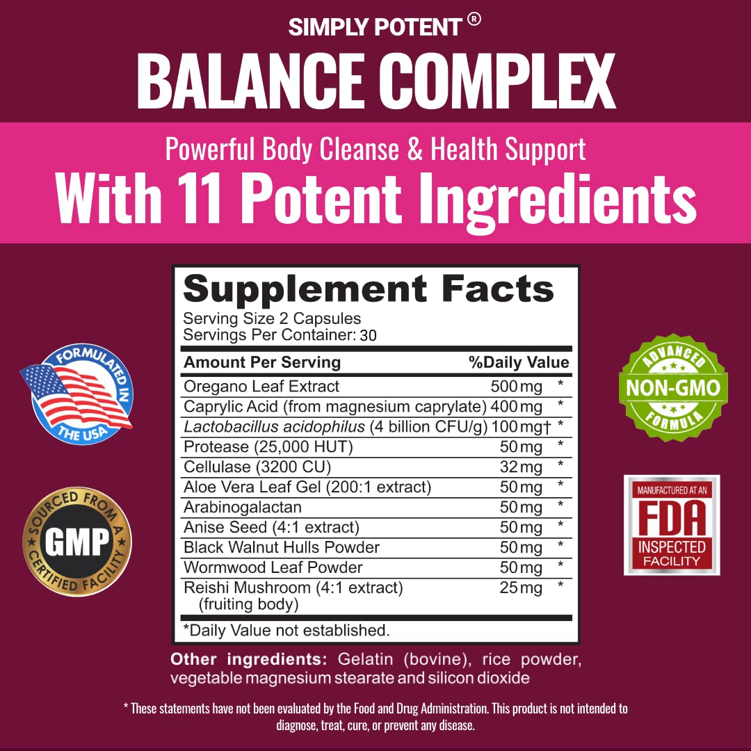 Simply Potent Balance Complex for Women – 11-in-1 Formula with Oregano Extract, Caprylic Acid, Probiotics & Digestive Enzymes, 60 Capsules