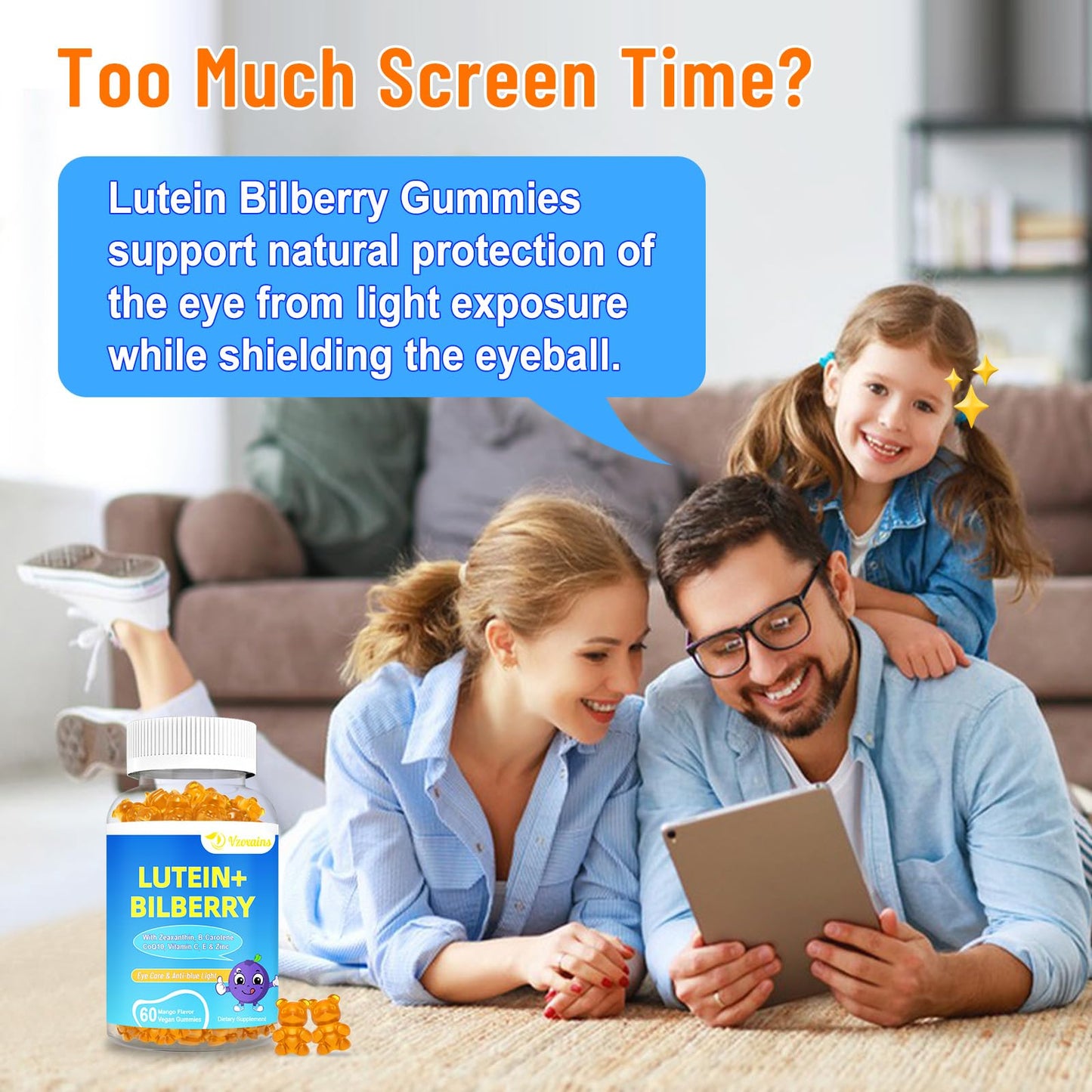VZOXAINS Lutein & Zeaxanthin Gummies with Bilberry, Astaxanthin, Omega-3, Vitamin C & E - Sugar Free Eye Health Support, Dry Eye Relief & Macular Support, 120 Gummies