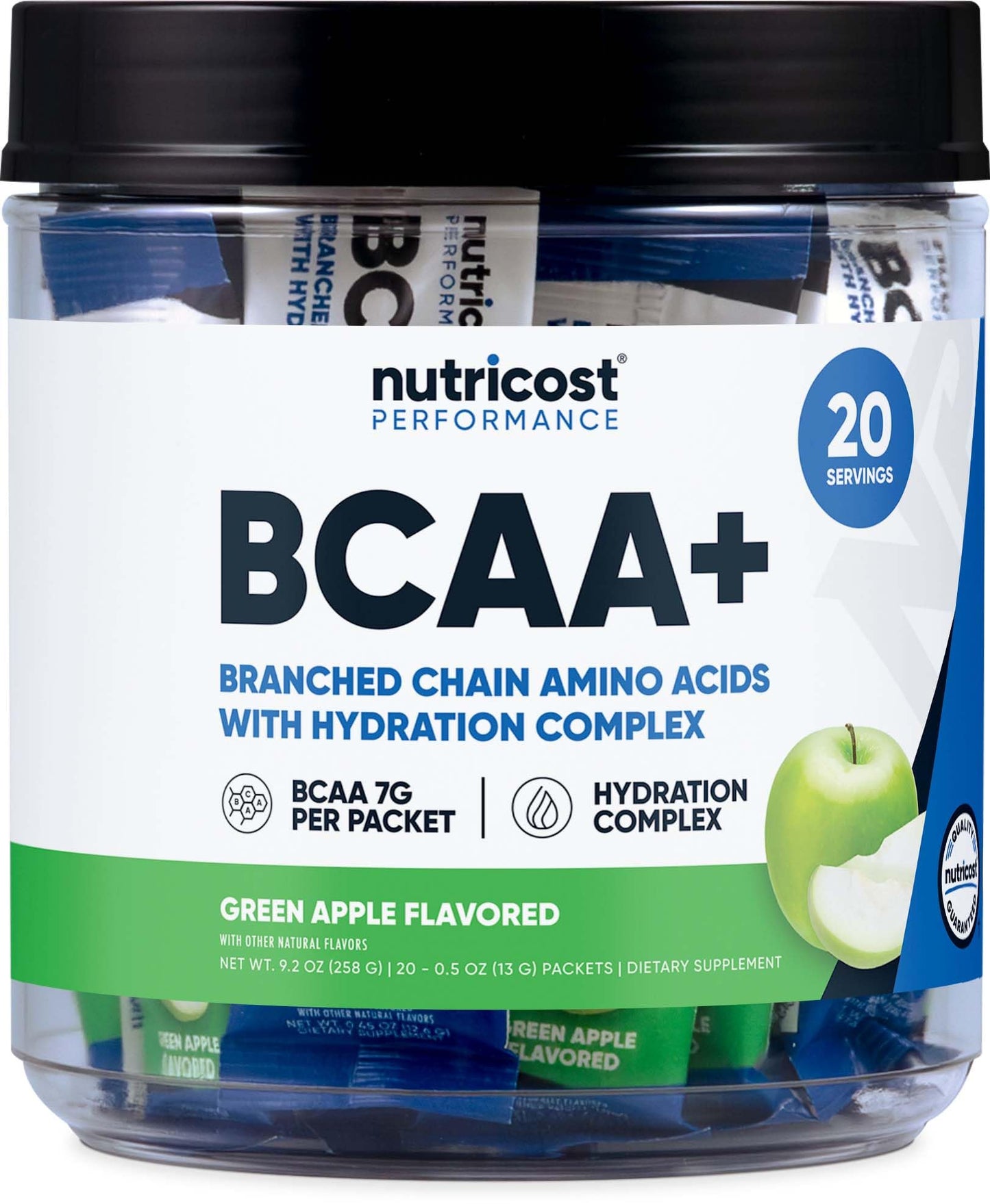 Nutricost BCAA+ Hydration Green Apple Flavored Powder - 18 Count