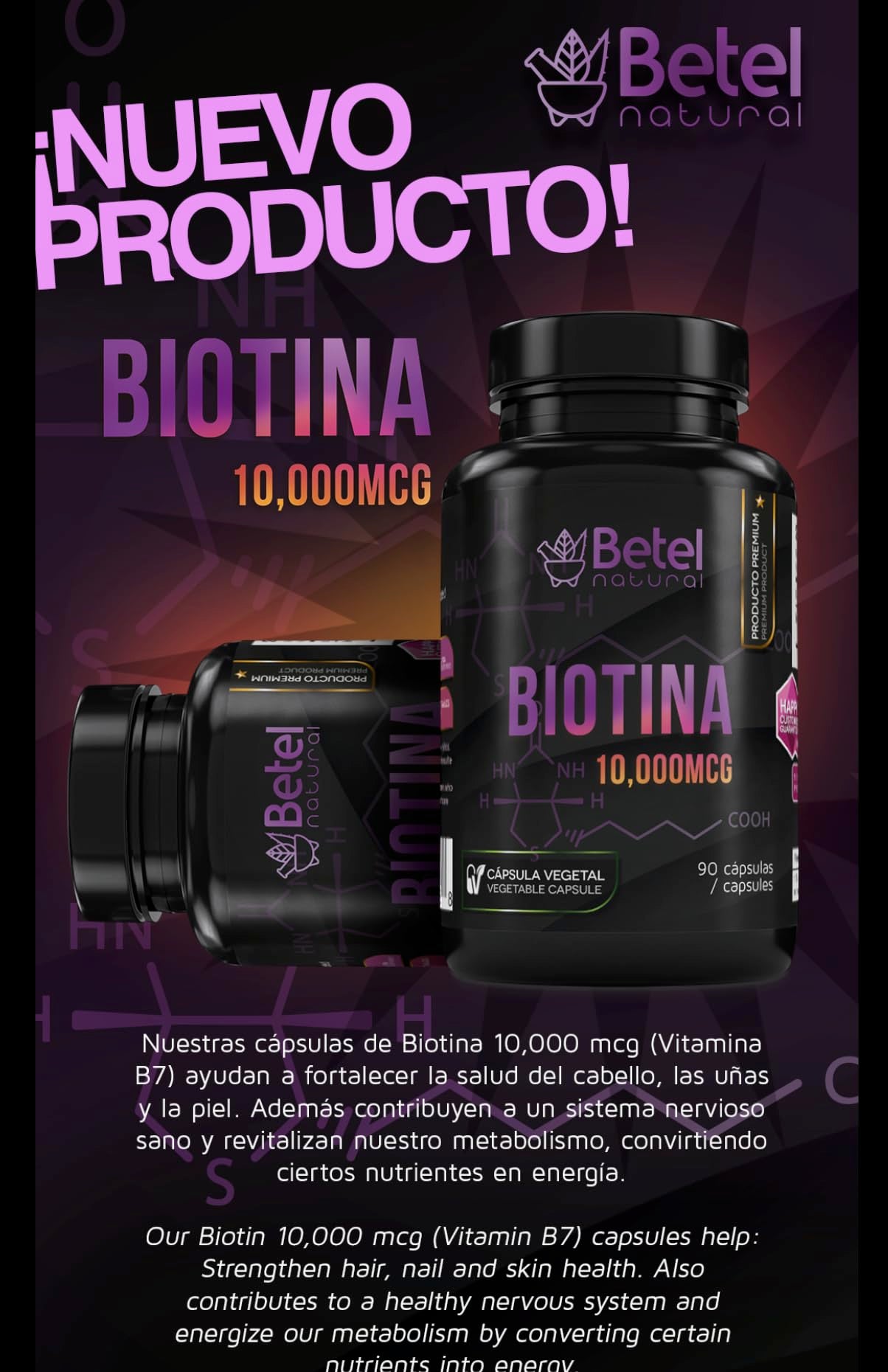 Betel Natural Biotin Capsules 10,000 mcg for Healthy Hair, Skin and Nails, 90 Capsules